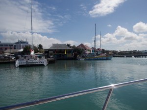 Leaving the harbour with our diving boat.