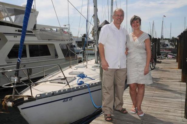 Our wedding day, just before we boarded the sailboat to get married, Feb 12, 2010.