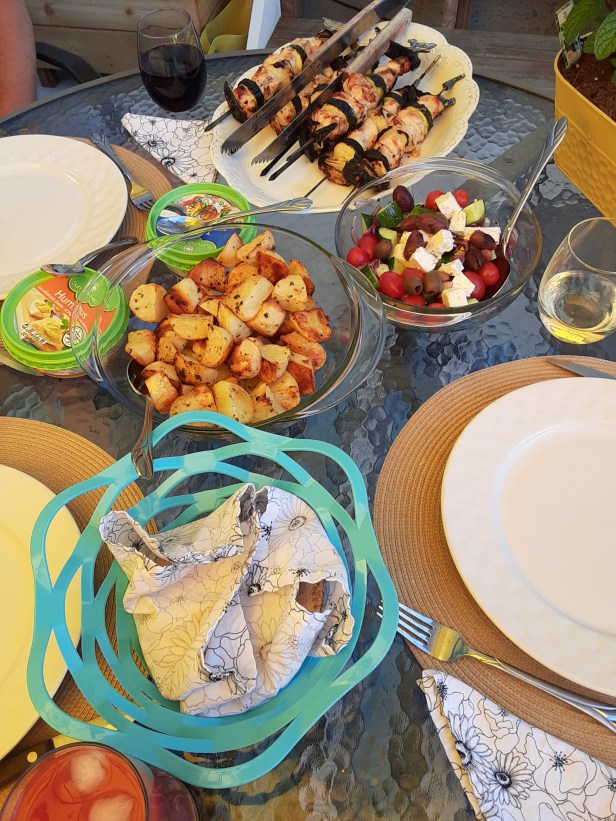 Greek inspired dinner, kebabs, lemon potatoes
